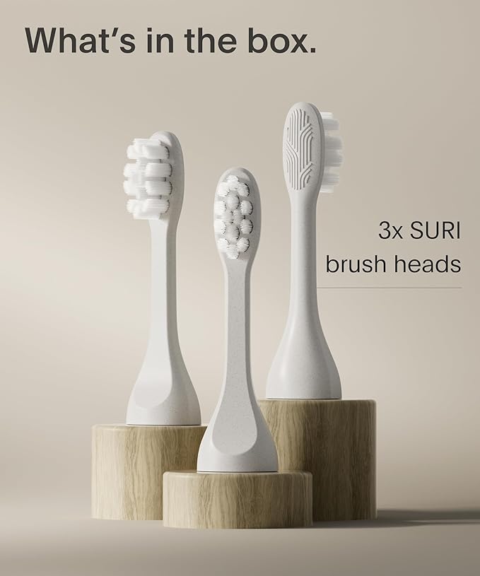 SURI Recyclable Plant-Based, Electric Toothbrush Heads - Built-in Tongue Scraper, Long Lasting Replacement Heads | Compatible Only with SURI Sonic Electric Toothbrush - Sea Mist, Pack of 3