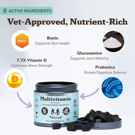 Natural Dog Company Vet Strength Multivitamin for Dogs – 90 High-Potency Soft Chews with Glucosamine, Chondroitin, Probiotics & Omegas – Supports Joints, Skin, Coat, Digestion, Immune & Heart Health