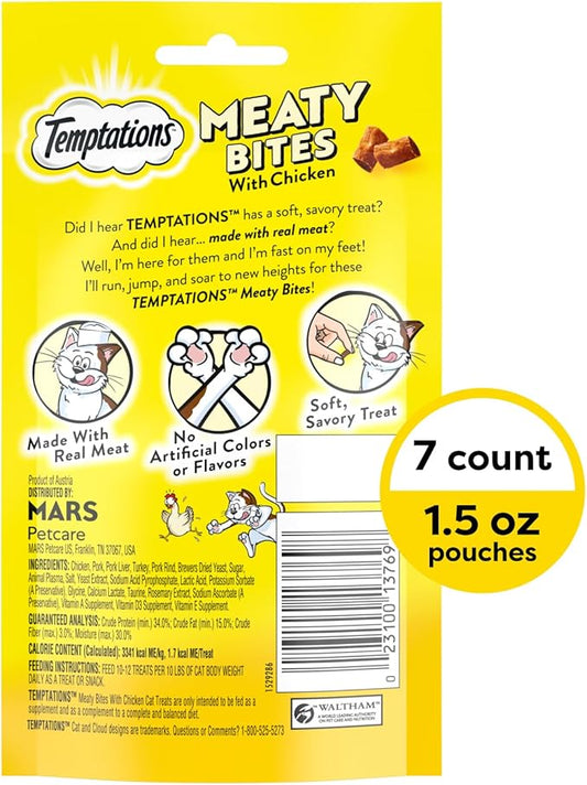 Temptations Meaty Bites Soft and Savory Cat Treats Chicken Flavor, 1.5 oz. Pouch (Pack of 7)