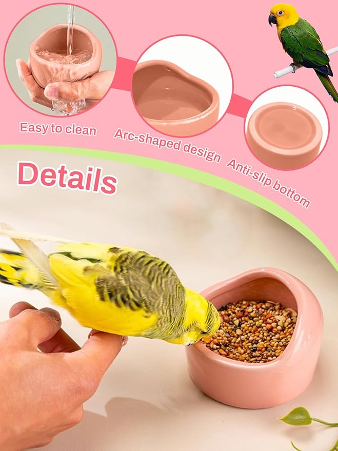 2 Pcs Bird Food Bowl Ceramic Bowls for Birds Small Parakeet Food Bowl Parrot Feeding Cups, Bird Cage Feede for Parakeets Conure Cockatiels Lovebird Budgie (Pink)