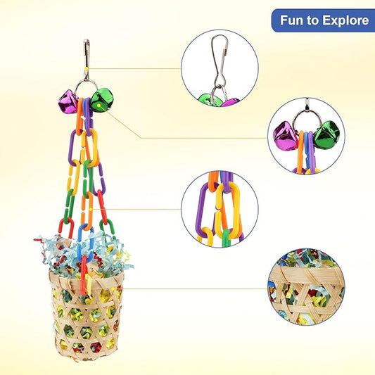 Wontee Bird Toys Colorful Shredding Crinkles Foraging Toys Natural Sola Ball for Parrots Cockatiels Conures Parakeets Budgies Senegal (Bamboo Basket (1 Pack))