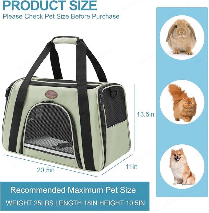 Cat Carrier Dog Carrier Pet Carriers for Medium Small Cats Dogs Puppies up to 15 Lbs,TSA Airline Approved Small Dog Cat Carriers Soft Sided,Collapsible Travel Puppy Carrier (Green, Large)