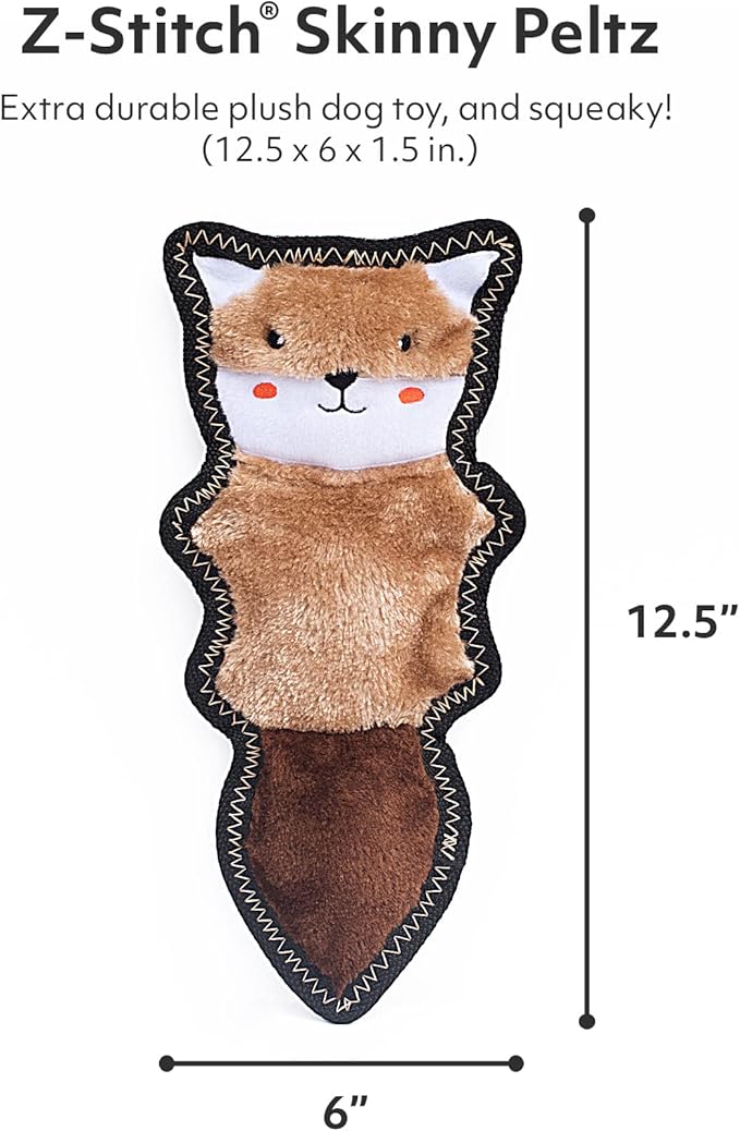 ZippyPaws Z-Stitch Skinny Peltz - No Stuffing Dog Toy to Keep Them Busy, for Small, Medium, & Large Dogs, Squeaky Pet Toy, Soft Plush Unstuffed Chew Toys - Chipmunk, 12.5"