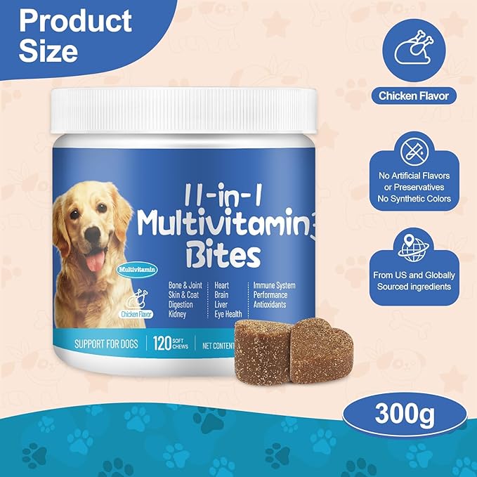 11-in-1 Dog Multivitamin Supplement - Dog Vitamins with Glucosamine - 120 Chews - Hip & Joint, Pet Immune Support, Heart, Skin & Coat, Digestion - Senior & Puppy Multivitamin Pet Supplement