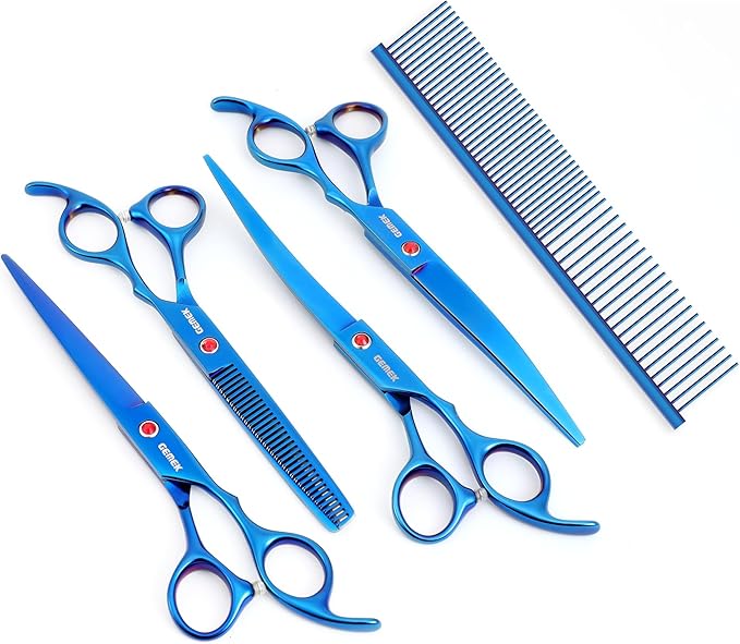 7.0in Titanium Blue Professional Pet Grooming Scissors Set, GEMEK 6 in 1 Straight & Thinning & Upwards Curved & Downwards Curved Scissors & Comb for Dogs, Cats (Blue)
