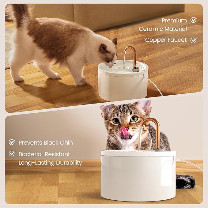 Ceramic Cat Water Fountain - 2.1L/71oz - All-Ceramic Body & Pure Copper Water Spout - Automatic Pet Drinking Fountain for Cats Indoor with Ultra-Quiet Pump, and 3Pcs Filter & Sponge (White)