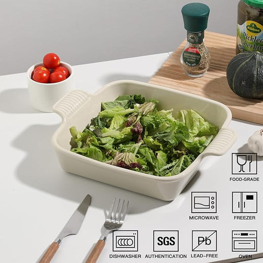 Sweejar Ceramic Baking Dish, 9 x 9 Cake Baking Pan for Brownie, Porcelain Square Bakeware with Double Handle for Casserole, Lasagna, Family Dinner (Beige)