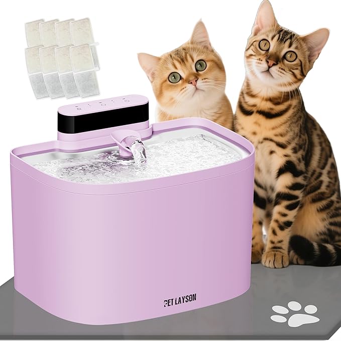 PET LAYSON Pumpless Cat Water Fountain,Cordless Fountains Battery Operated, 3.6L/122oz with Maglev Valve Technology Rechargeable Water Dispenser for Cat&Dog, 8 Filters,2 Nozzles(Pink01,M1-8 Filter)