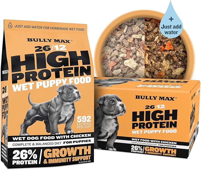 Bully Max Wet Puppy Food - Instant Fresh Dehydrated High Protein Soft Dog Food with Chicken - Healthy Growth for Small & Large Breed - 20 Dry Dog Food Pounds (Makes 55 lbs. Wet Food, 10 Pouches)