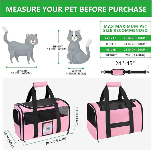20" Large Cat Carrier Soft Sided for Cats Under 25 lbs, Folding Dog Carrier 20" Carrier for 2 Cats Travel Carrier - Pink