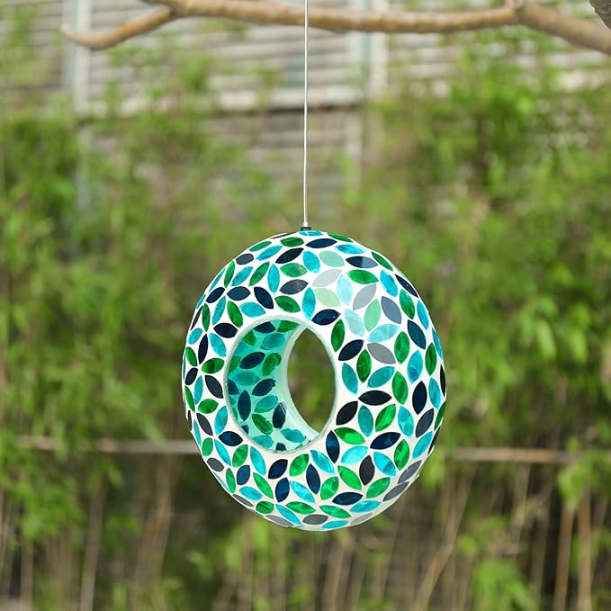 VCUTEKA Bird Feeder Mosaic Fly Through Bird Feeders for Outside Hanging with Round Shape Glass Container to Attract More Wild Birds for Garden, Yard, Backyard, Deck and Porch Decor, Green 10-Inch