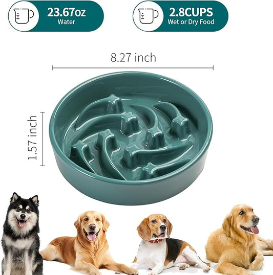 8.26 in Deep Green Dog Bowl Slow Feeder Ceramic for Medium and Large Breed,Slow Feeding Dog Food Water Dish Heavy Weighted,Puppy Dish for Fast Eaters,Puzzle Eating Bowl Meteor