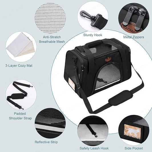 Cat Carrier Dog Carrier Pet Carriers for Medium Small Cats Dogs Puppies up to 15 Lbs,TSA Airline Approved Small Dog Cat Carriers Soft Sided,Collapsible Travel Puppy Carrier (Black, Medium)