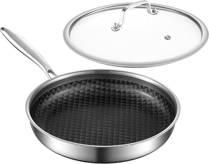 10-Inch Non Stick Frying Pans, Ceramic Coating NonStick Stainless Steel Pan Set, Tri-Ply Skillets and Pan Set with Lid, Cool-Touch Handle, Dishwasher and Oven Safe