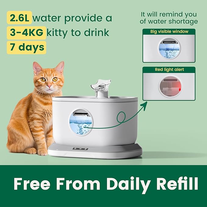 Cordless Cat Water Fountain, Rechargeable Battery Operated Cat Fountain, Wireless Pump Auto Shut-Off 7-Layer Filter Radar Detection Automatic Water Dispenser for Cats, 2.6L/88oz Pet Fountain BPA-Free
