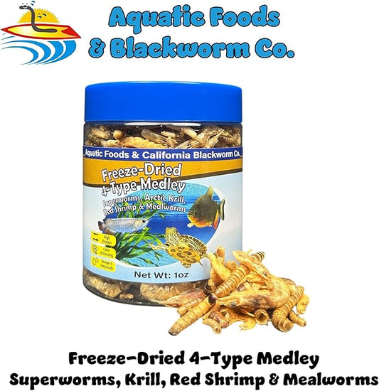 Aquatic Foods Inc. 4-Type Medley Mix of Freeze Dried Superworms, Krill, Red Shrimp, Mealworms for Monster Fish, Reptiles, Turtles, Tortoises, Frogs, Hamsters, Birds, Rodents 1oz Canister