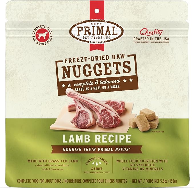 Primal Freeze Dried Raw Dog Food Nuggets, Lamb, Complete & Balanced Meal, Also Use as Topper or Treat, Premium, Healthy, Grain Free, High Protein Raw Dog Food, 5.5 oz