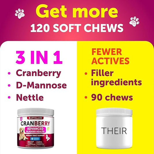Dog UTI Treatment - Cranberry Supplement & Bladder Control for Dogs - Urinary Tract Infection Incontinence Pill, Bladder Stones - UTI Medicine Treats - 120 Soft Chews for Kidney Support with Fish Oil