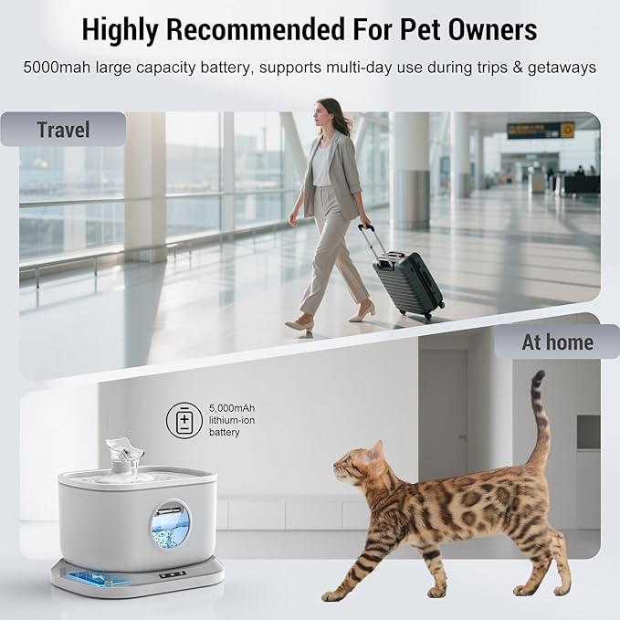 Cat Water Fountain Cordless, Wireless Pump Auto Shut-Off 7-Layer Large Filter Dual Radar Automatic Water Dispenser for Cats, 2.6L/88oz Seperated Water Tank & 5000mAh Battery Dock, BPA Free +4 Filters