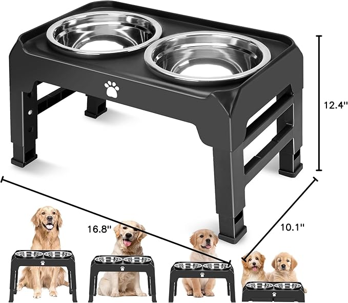 Elevated Bowls with Adjustable Heights - Raised Stand with 2 Stainless Steel Food Bowls, Non-Slip Foldable Feeder for Medium Large Dogs, Adjusts to 12.36", 10.75", 9.2", 3.7", Black