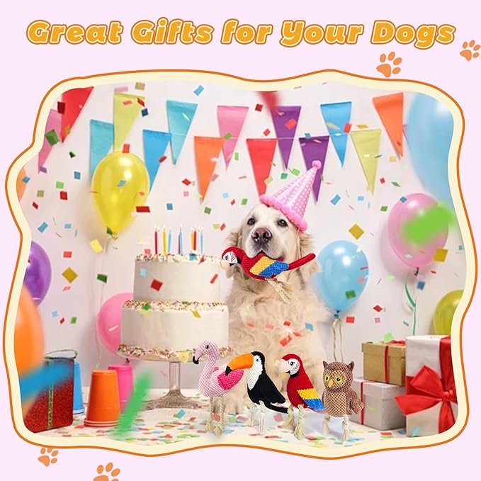 4-Pack Durable Squeaky Dog Toys for Small to Large Dogs Interactive Knot Bird Chew Rope Plush Dog Toys Set Flamingo, Parrot, Toucan, Owl for Teething, Anxiety Relief Perfect for Aggressive Chewers