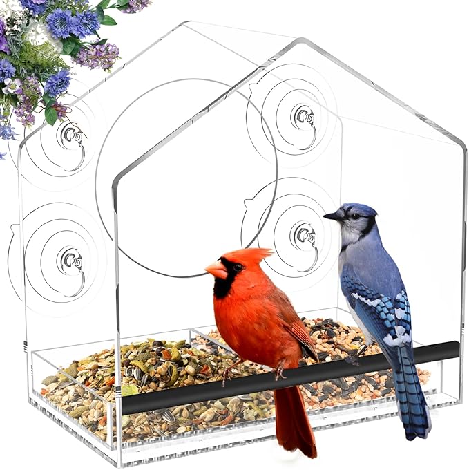 Window Bird Feeder with Strong Suction Cups - Clear Bird Feeders for Window Viewing, Sturdy and Durable, Easy to Clean and Refill, for Finches, Cardinals, and More, Gifts for Mom Dad Cats