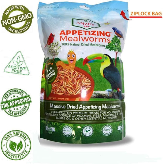 Amzey Dried Mealworms 1 LB, 100% Natural Meal Worms for Chicken & Birds, Organic Chicken Feed for Laying Hens, High Protein and Nutrition, Zipped Bag