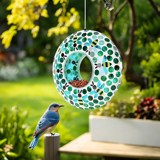 VCUTEKA Bird Feeder Mosaic Fly Through Bird Feeders for Outside Hanging with Round Shape Glass Container to Attract More Wild Birds for Garden, Yard, Backyard, Deck and Porch Decor, Bee 10-Inch