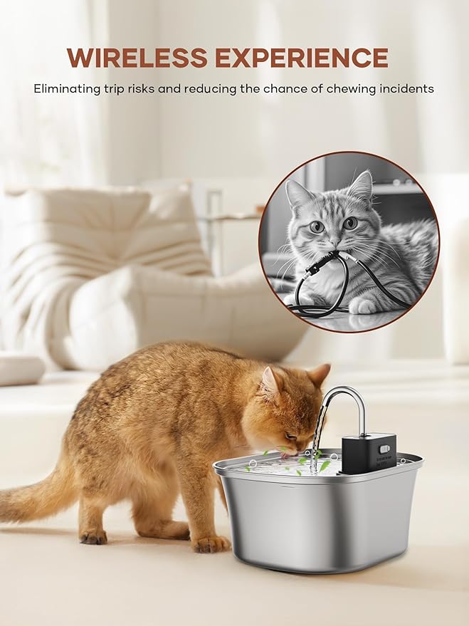 Cat Water Fountain Wireless: Battery Operated Stainless Steel 108oz/3.2L Cat Fountain, Automatic Cordless Pet Water Fountains with Motion Sensor Indoor, Easy Clean, for Cats, Dogs, Multiple Pets