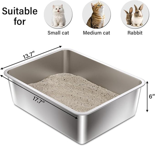 Stainless Steel Litter Box- 17.7" L x 13.77" W x 6" H Metal Cat Litter Box, Medium Cat Litterbox for Kitty or Rabbits,Non Stick, No Smell, Easy to Clean