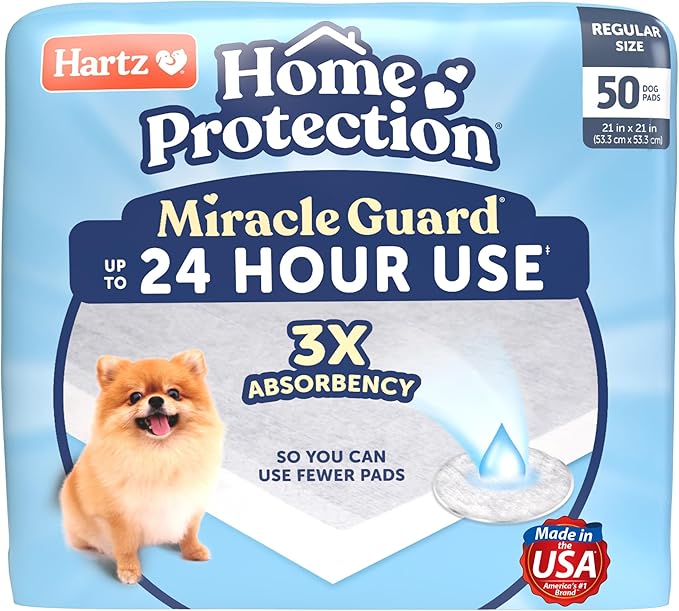 New! Hartz Home Protection Miracle Guard USA Made Dog Pads, Regular Size 50 Count, 3X Absorbency & 3X Longer use, Won't Leak and Odor Eliminating
