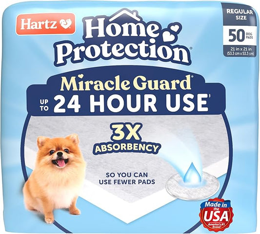 New! Hartz Home Protection Miracle Guard USA Made Dog Pads, Regular Size 50 Count, 3X Absorbency & 3X Longer use, Won't Leak and Odor Eliminating