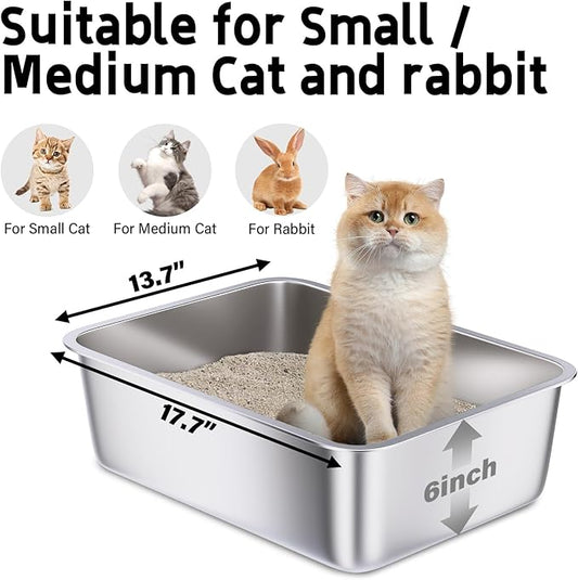 Stainless Steel Litter Box, Medium Metal Litter Box for Cat,Easy Clean Non Stick Easy Entry No Smell Metal Litterbox for Kitty/Rabbits