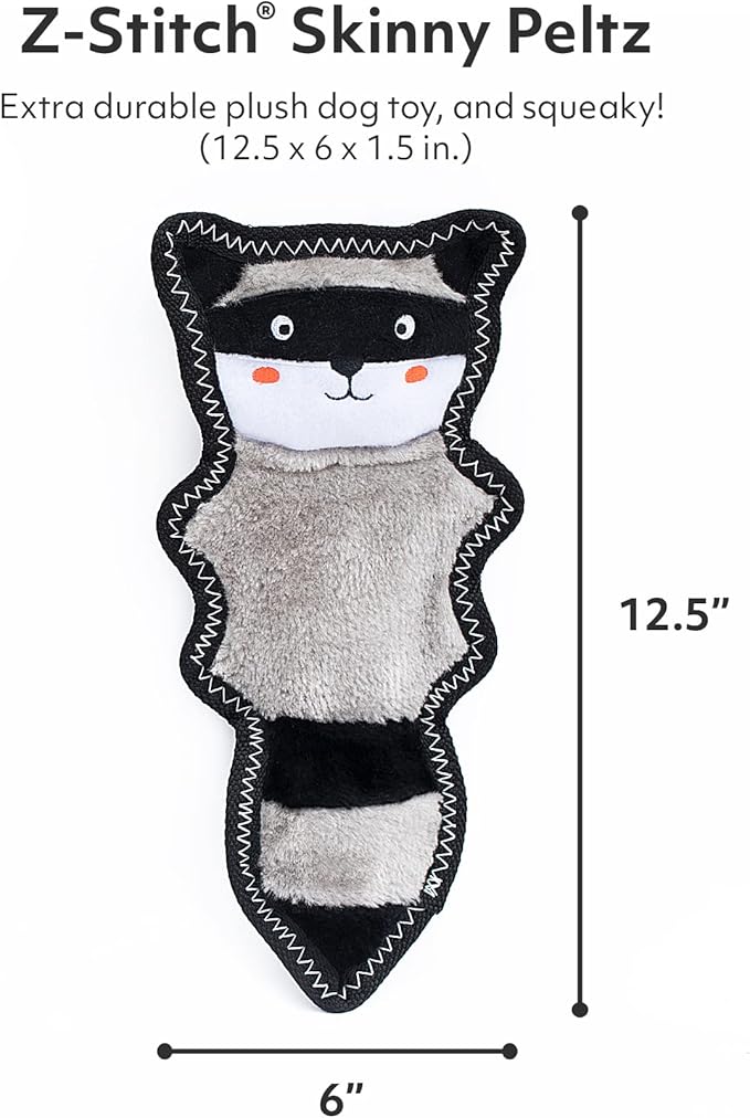 ZippyPaws Z-Stitch Skinny Peltz - No Stuffing Dog Toy to Keep Them Busy, for Small, Medium, & Large Dogs, Squeaky Pet Toy, Soft Plush Unstuffed Chew Toys - Raccoon, 12.5"