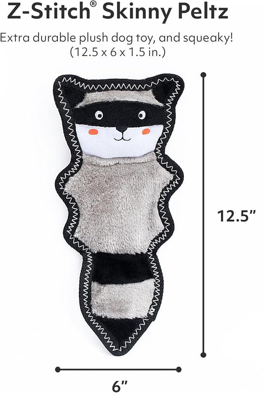 ZippyPaws Z-Stitch Skinny Peltz - No Stuffing Dog Toy to Keep Them Busy, for Small, Medium, & Large Dogs, Squeaky Pet Toy, Soft Plush Unstuffed Chew Toys - Raccoon, 12.5"