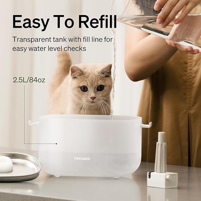 PETLIBRO Corded Cat Water Fountain + 8 Pack Filters, Cat Fountain Indoor Stainless Steel Tray, 2.5L Wireless Pump Pet Water Fountain, Cat Water Dispenser with Two Flow Modes, Pet Fountain Easy Clean