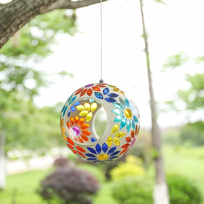 VCUTEKA Bird Feeder Mosaic Fly Through Bird Feeders for Outside Hanging with Round Shape Glass Container to Attract More Wild Birds for Garden, Yard, Backyard, Deck and Porch Decor, 7-Inch