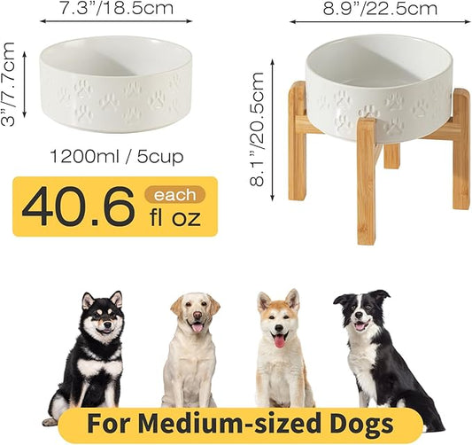 2 Pack Elevated Ceramic Dog Bowls, 7.3 inch Raised Dog Bowl for Medium Dogs, Reducing Neck Strain, Food and Water Bowl (Double Bowls + Double Stands - White, 7.3 inch)