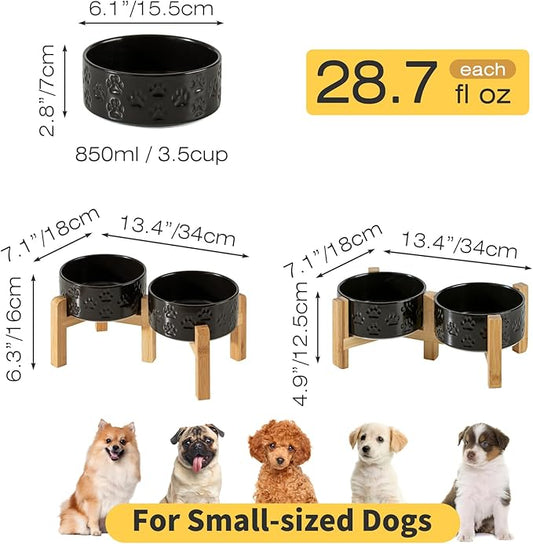 6" Raised Ceramic Dog Bowl Set, 3.5-Cup Dog Dishes with Two-Height Stand, Elevated Food and Water Bowls for Small Breed Dogs, Microwave Safe (Double Bowls + Stand - Black, 6 inch)