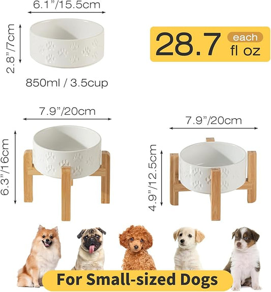 2 Pack Elevated Ceramic Dog Bowls, 6.1 inch Raised Dog Bowl with 2-Height Adjustable Stand for Small Dogs, Reducing Neck Strain (Double Bowls + Double Stands - White, 6 inch)
