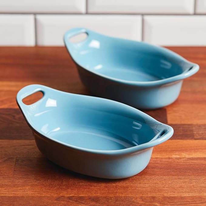 Rachael Ray Ceramics Au Gratin Set, Oval, Two 12-ounce, Agave Blue