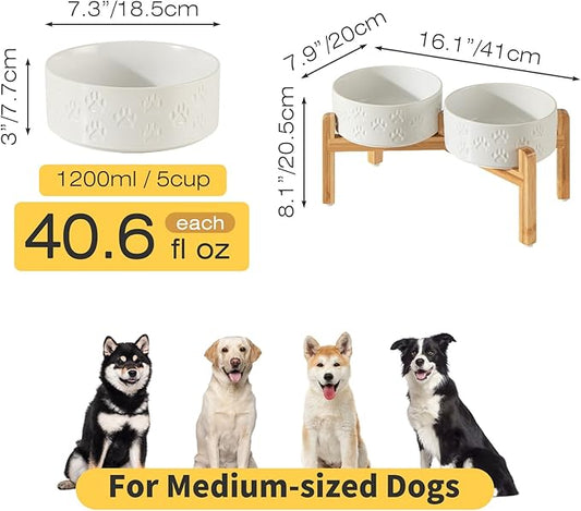 7.3" Raised Ceramic Pet Bowl Set, 2 Non-Slip Dog Dishes with Stand, Elevated Food & Water Bowls for Medium Breed Dogs, Protects Cervical Spine (Double Bowls + Stand - White, 7.3 inch)