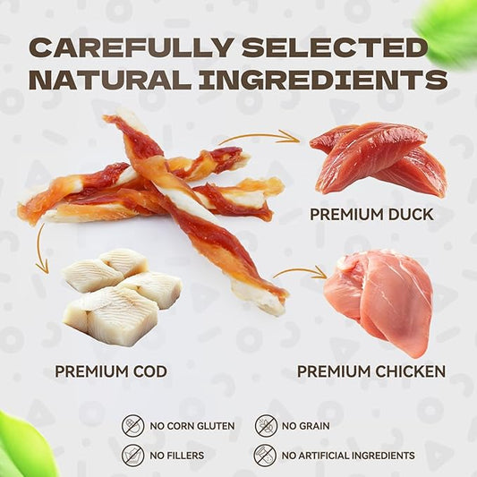 Triple Flavor Dog Jerky Treats, Real Chicken Duck and Cod Twist Strips Dog Training Treats Snacks Healthy Rawhide-Free Chews for Small Medium Large Breeds 10.54oz