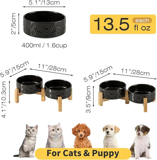 5.1" Raised Ceramic Pet Bowl Set, 1.6 Cup Two Dog Dishes with 2-Height Adjustable Stand,Elevated Food & Water Bowls for Toy Breed Dogs, Protects Cervical Spine (Double Bowls + Stand - Black, 5.1 inch)