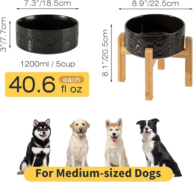 2 Pack Elevated Ceramic Dog Bowls, 7.3 inch Raised Dog Bowl for Medium Dogs, Reducing Neck Strain, Dishwasher Safe (Double Bowls + Double Stands - Black, 7.3 inch)
