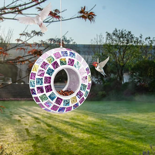 VCUTEKA Bird Feeder Mosaic Fly Through Bird Feeders for Outside Hanging with Round Shape Glass Container to Attract More Wild Birds for Garden, Yard, Backyard, Deck and Porch Decor, Multi 7-Inch