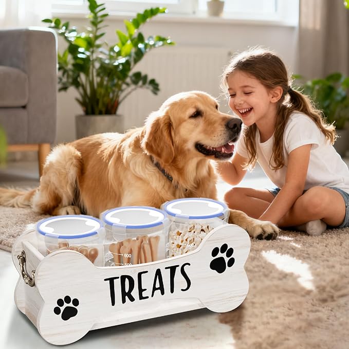 WGFKVAS Dog Treat Storage Containers, 3 Jar Pet food container, White Wooden Pet Food Dispenser for Dogs & Puppies, Perfect Food Storage Solution and Gift for Dog Owners