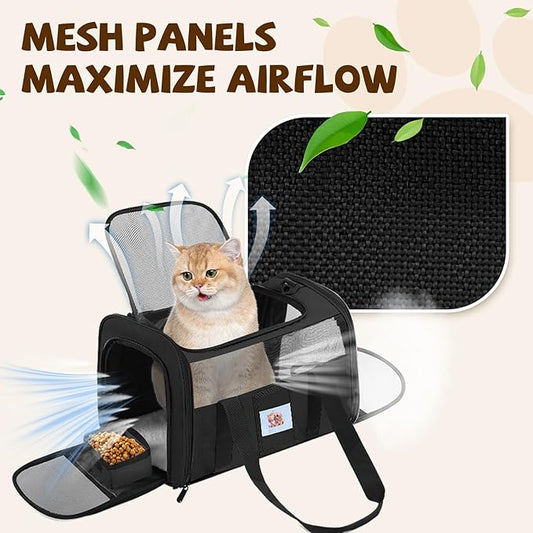 Pet Carrier 17Lx12Wx11H inches, Airline Approved,Pet Travel Carrier Bag for Small Cats and Dogs, Soft Dog Carrier for 1-25 LBS Pets,Dog Cat Carrier with Safety Lock Zipper (Black)