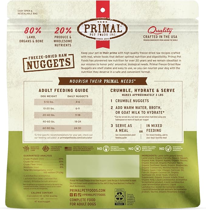 Primal Freeze Dried Raw Dog Food Nuggets, Lamb, Complete & Balanced Meal, Also Use as Topper or Treat, Premium, Healthy, Grain Free, High Protein Raw Dog Food, 14 oz