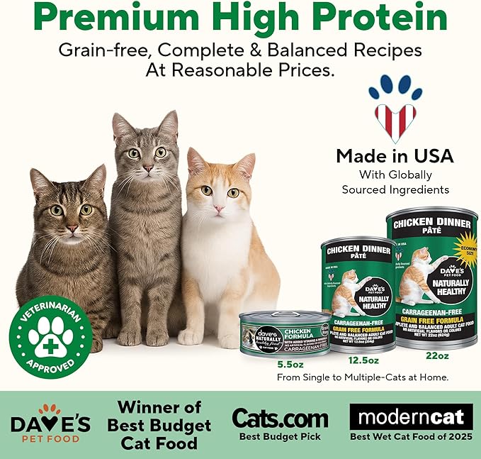 Dave's Pet Food Grain Free Wet Cat Food Pate (Chicken Formula), Made in USA Naturally Healthy Canned, Added Vitamins & Minerals, 5.5 oz Cans (24 Pack)